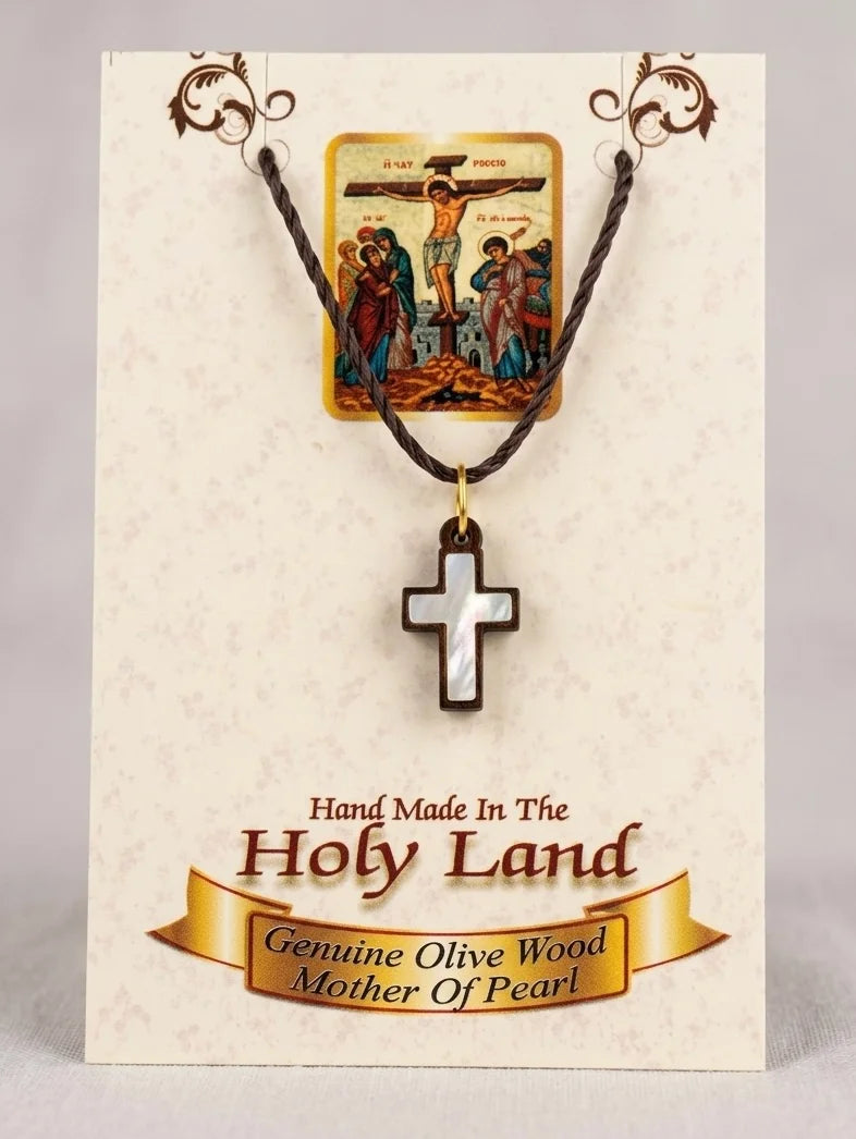 Kors halsband i olivträ och pärlemor